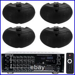 (4) Rockville D4-16 Black Dual 4 16 Ohm Outdoor Home Patio Speakers+Amplifier